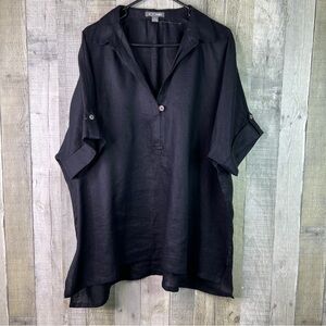 Go Silk Size XL Black 100% Linen Short Sleeve Shirt V-Neck w/Collar & Side Slits